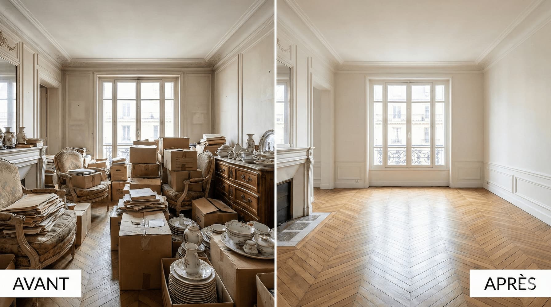 Débarras succession appartement Paris 15ème - avant et après intervention professionnelle avec rachat d'antiquités